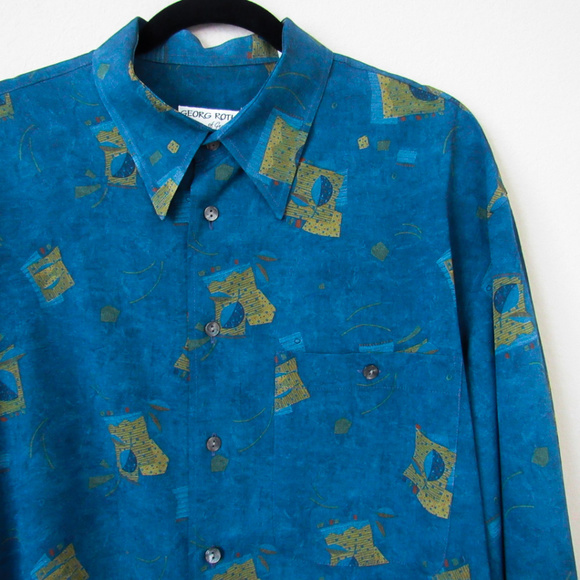 VINTAGE 80s Men's Artsy Printed Button Down Shirt - Picture 4 of 7